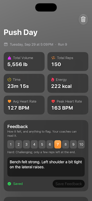 Workout complete summary for Push Day with volume, reps, time, energy and heart rate