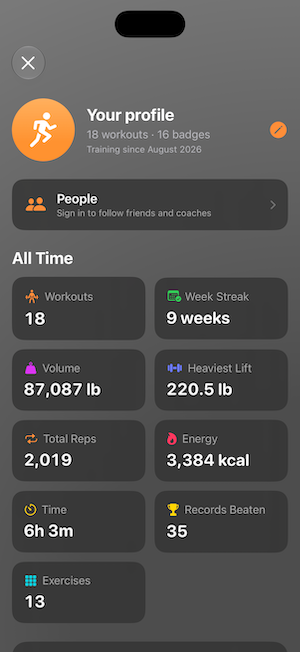 Push Day workout details with Time workout and Listen for count toggles