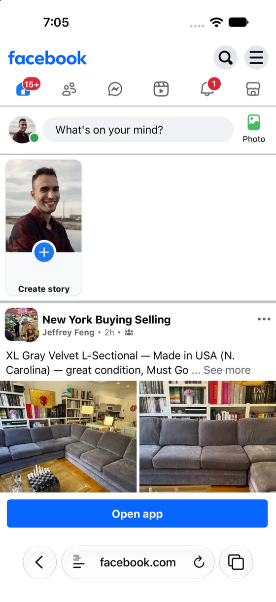Facebook in Safari with the news feed visible