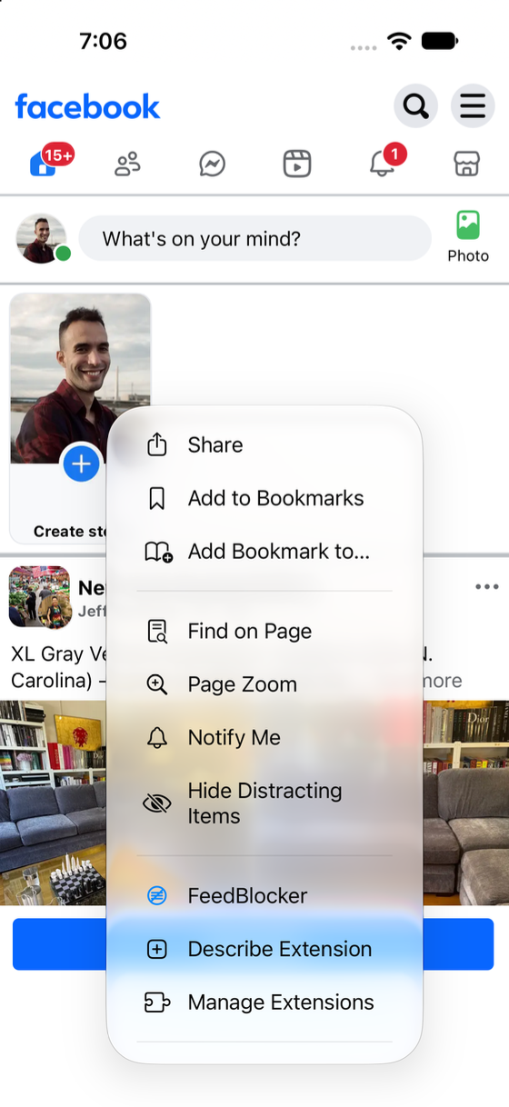 Safari’s page menu on iPhone showing FeedBlocker in the extensions list