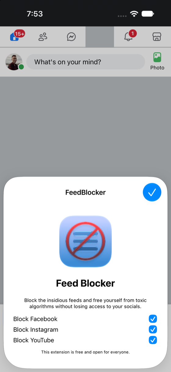 Facebook in Safari with the news feed hidden and the FeedBlocker panel open