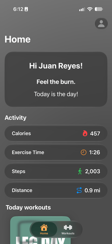 Home screen with today's calories, exercise time, steps and distance