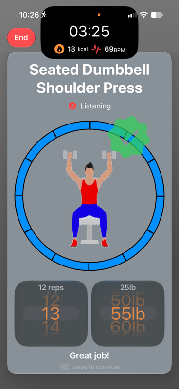 Exercise card for Seated Dumbbell Shoulder Press, listening for the count