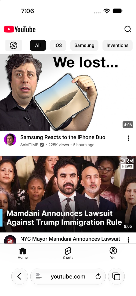 YouTube in Safari with the recommendation grid visible