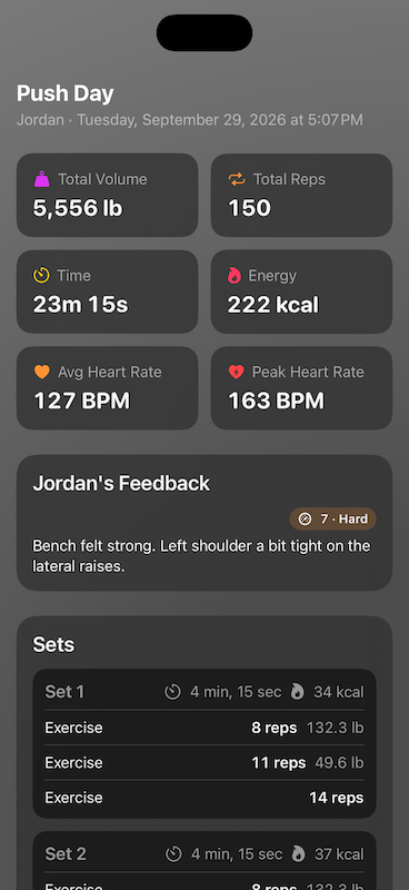 A shared run as the coach sees it, with feedback and sets