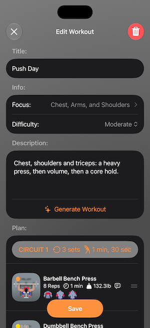 Edit Workout screen with description and Generate Workout button