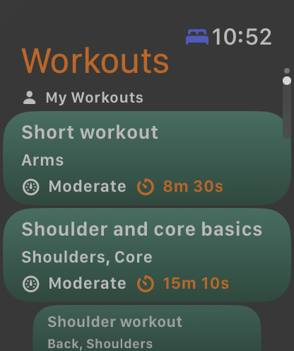 Workout list on the watch