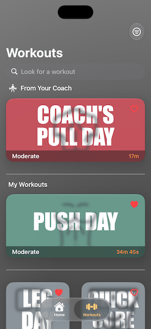 Workouts list with coach and personal workouts