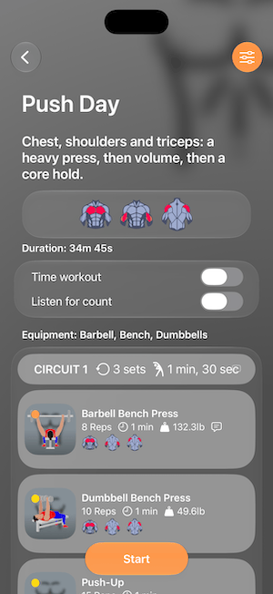 Push Day details: muscles, duration, equipment and Circuit 1